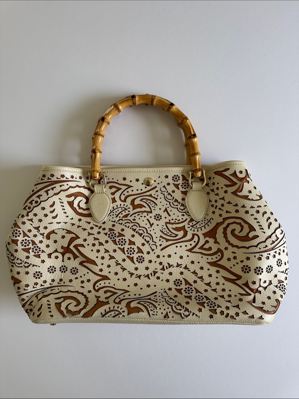 J McLaughlin Leather Tote in cream and brown lasercut with Bamboo Handles